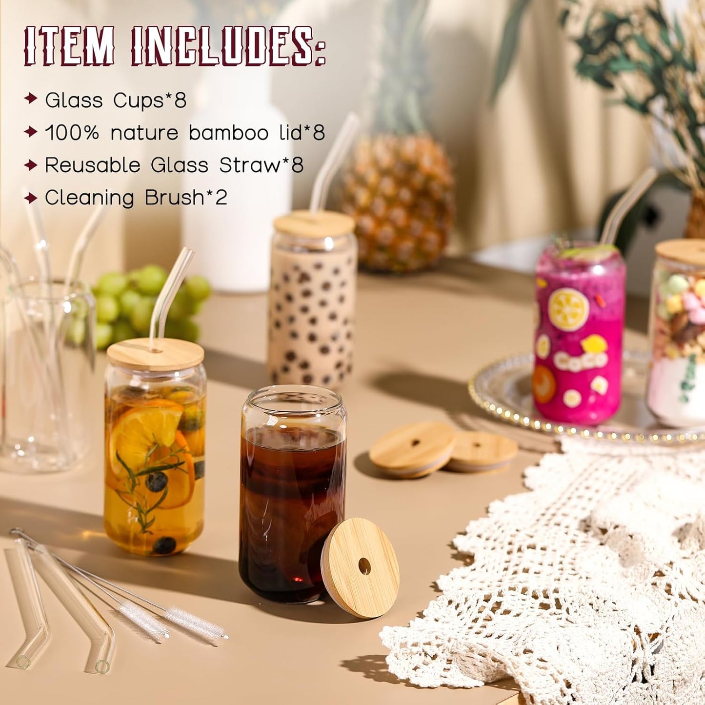 NETANY [ 8pcs Set ] Drinking Glasses with Bamboo Lids and Glass Straw - 16oz Glass Cups, Beer Glasses, Iced Coffee Glasses, Cute Tea Cup, Ideal for Cocktail, Whiskey, Gift - 2 Cleaning Brushes