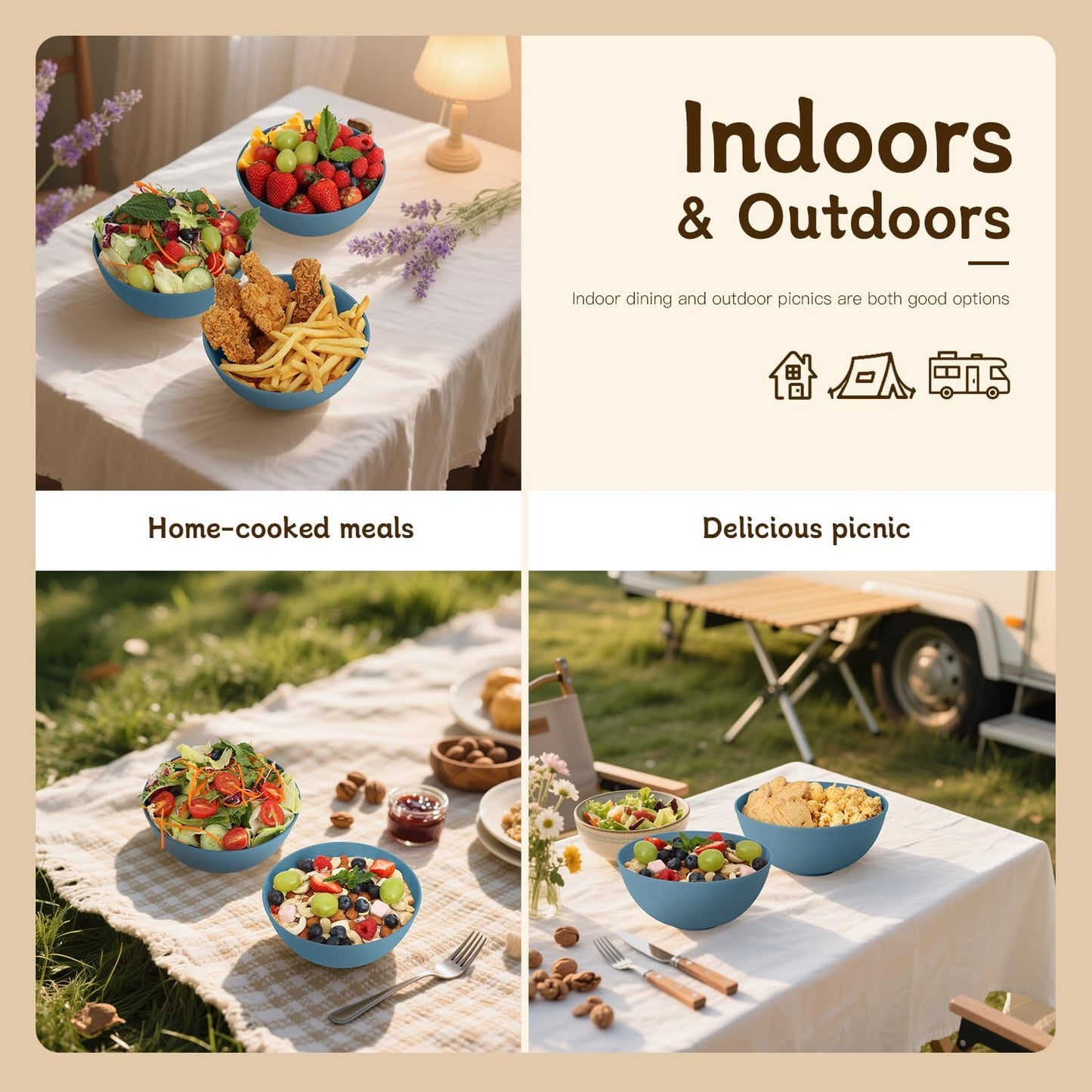 Wheat Straw Salad Bowls for Kitchen set of 6,Anit-Scald Thick Soup Bowls 40oz,Microwave and Dishwasher Safe Bowl set easy to clean. Blue