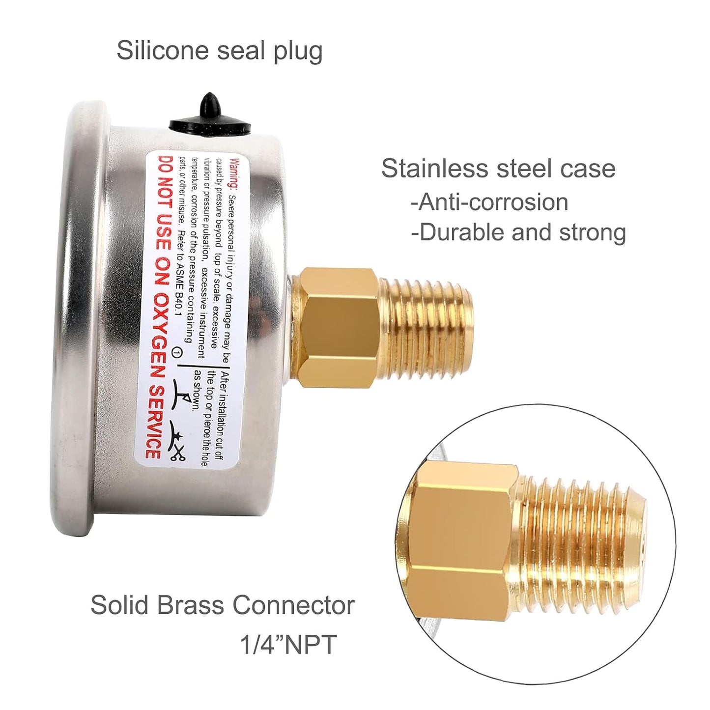 Glycerin Filled Vacuum Pressure Gauge, 2-1/2" Clear dial,1/4" NPT Back Connection, Stainless Steel Case, Brass Movement, Dual Scales -30inHg/-1BAR-0