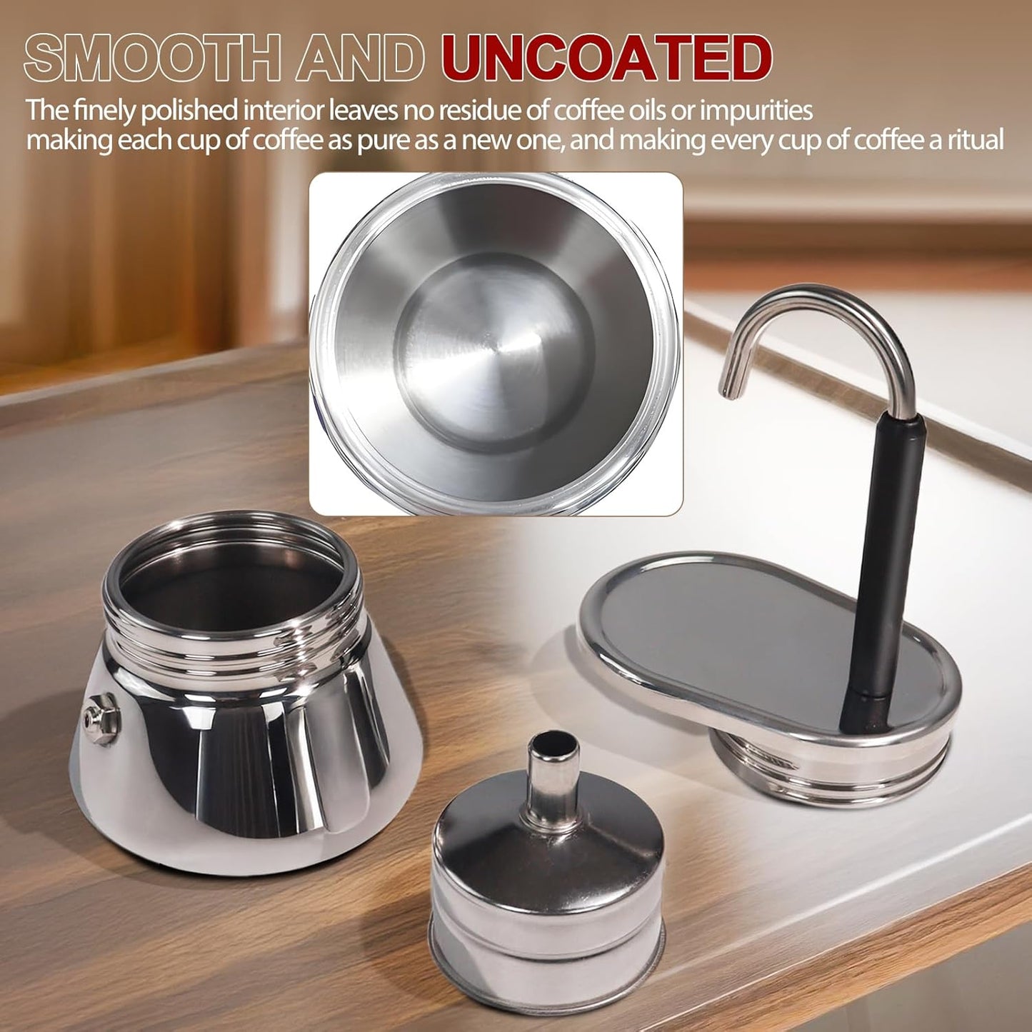 Uncoated 4 Cup Single Tube Moka Pot 304 Thickened Stainless Steel Mini Coffee Maker Stovetop Espresso Coffeemaker Italian Classic Style Brewing Greca Cafe Mocha Machine for Camping Travel Home 310ml