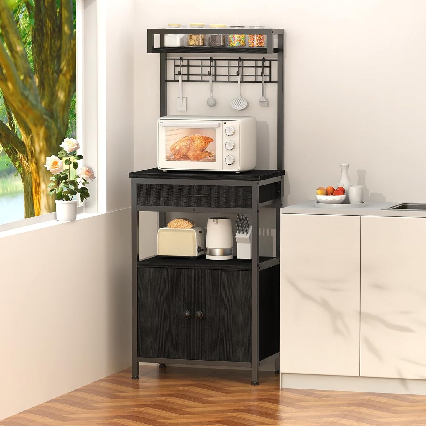 5-Tier Coffee Bar Cabinet & Microwave Stand with Storage, 2 Doors, 4 S-Hooks Kitchen Appliance Bakers Rack for Spices, Pots,Coffee Station for Small Spaces,Living Room,Entryway,Black