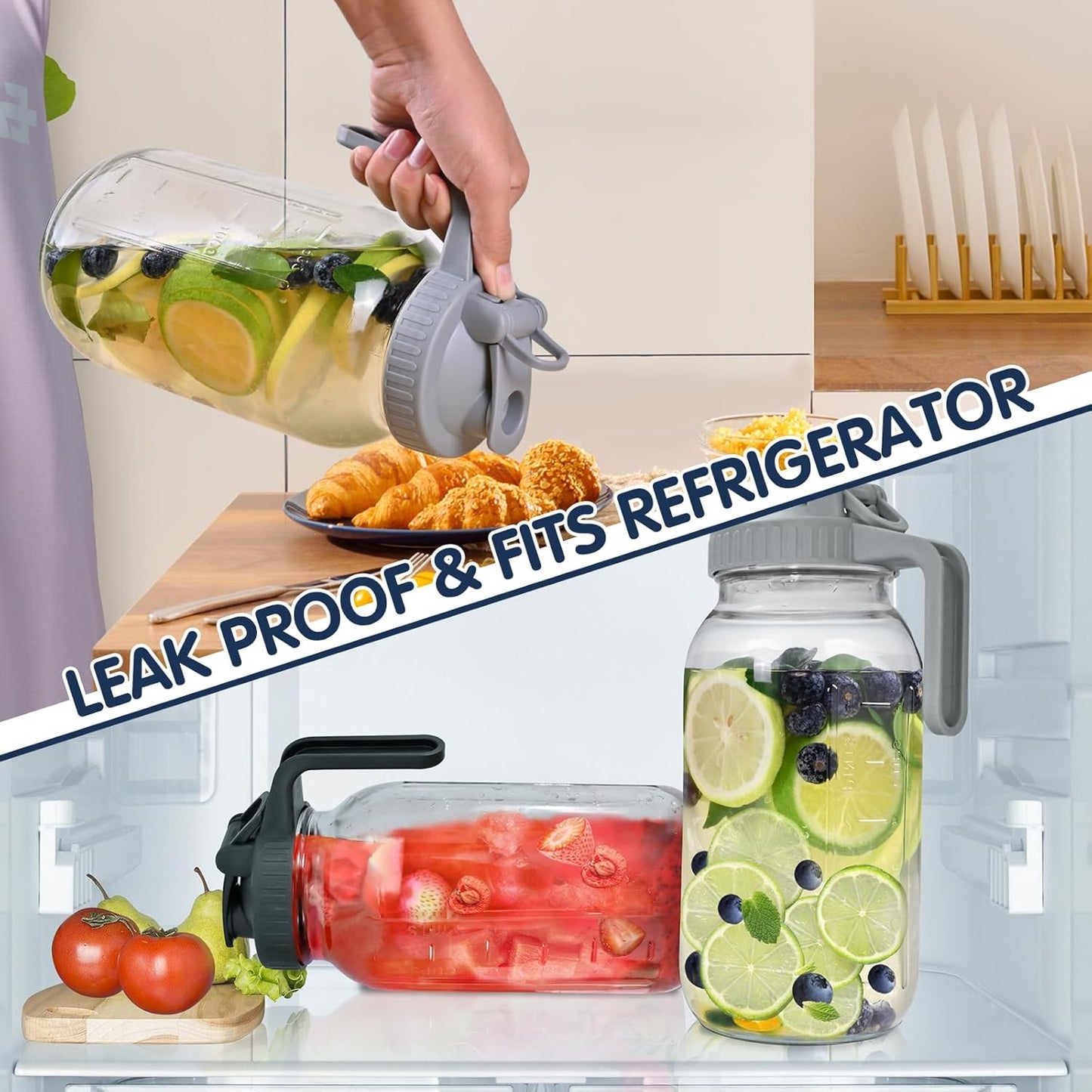 3 Packs 64OZ Glass Pitcher with Lid, Wide Mouth Mason Jar Water Jug, Leak-Proof Airtight Mason Jar for Cold Brew Coffee, Iced tea, Milk, Food Storage, Sun Tea