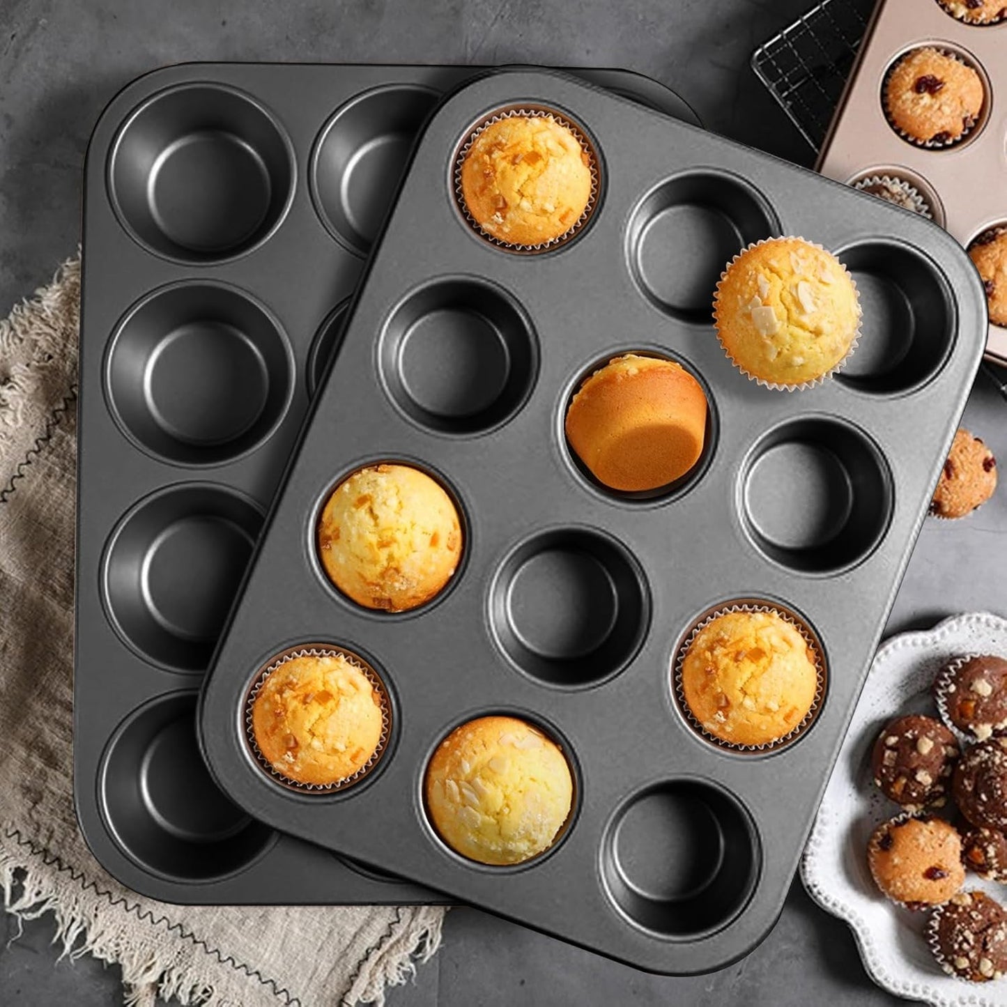 2 Packs Nonstick Round Muffin Baking Pan Tin, 12-Cup Muffin Tin, Cupcake Pans, Cheesecake Pans, Carbon Steel, Black