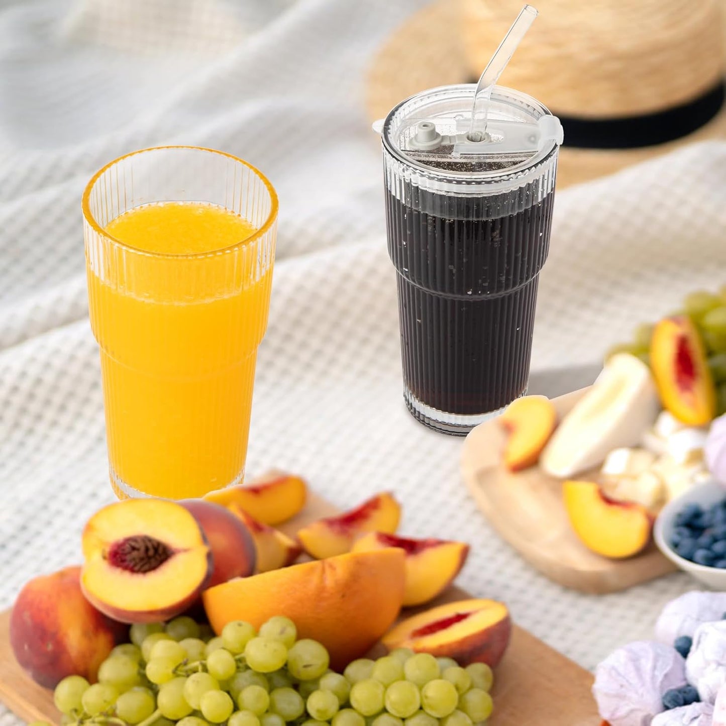 20oz Ribbed Glass Cups with Lids and Straws 2 Set, Vintage Glassware for Whiskey Cocktail Beer, Glass Tumbler, Iced Coffee Cups For Cold Drinks, Smoothie, Juice,Drinking (6)