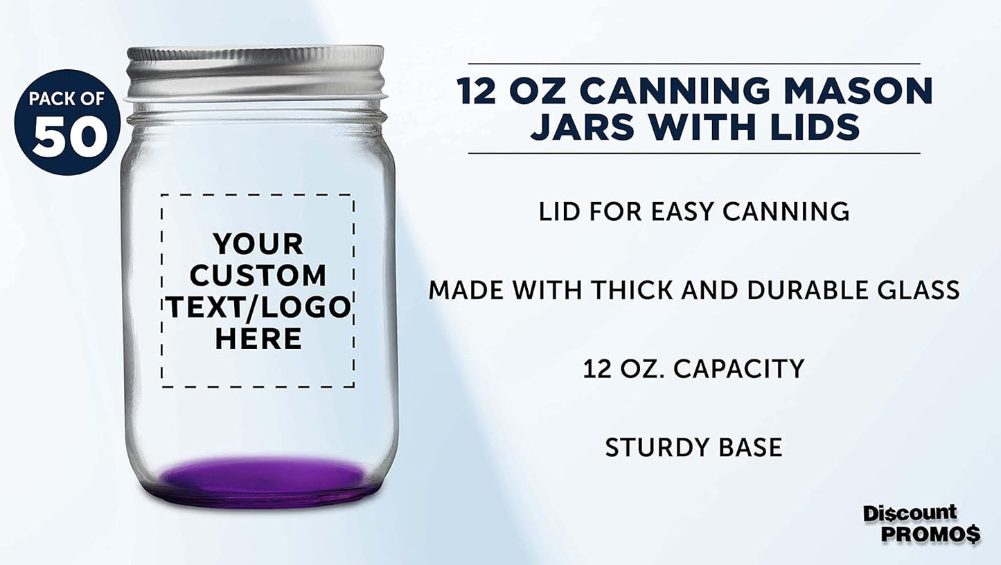 DISCOUNT PROMOS 50 Decorating Mason Jars Set, 12 oz. - Customizable Text, Logo - Canning, Aluminum Lid - Purple