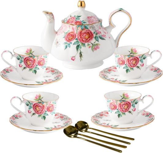 Bone China Tea Set, Vintage Floral Coffee Cups and Tea Sets, Porcelain Tea Set With Teapot for Women Tea Party British, Christmas Gifts(Pink)