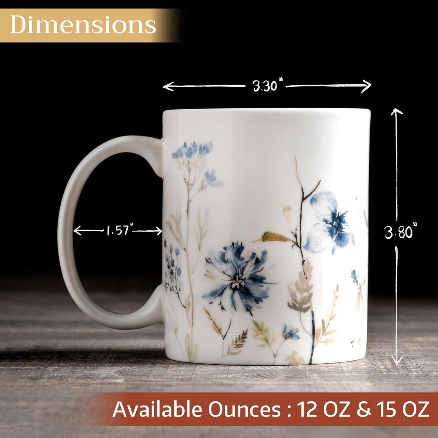 Maison d' Hermine Coffee Mug with Handles Fine Bone China Mugs Pack of One Tea Cups for Hot Beverages Cappuccino Latte Home Restaurant Office Perfect for Gift (Ice Florals - Forsty Morning, 15 Ounce)