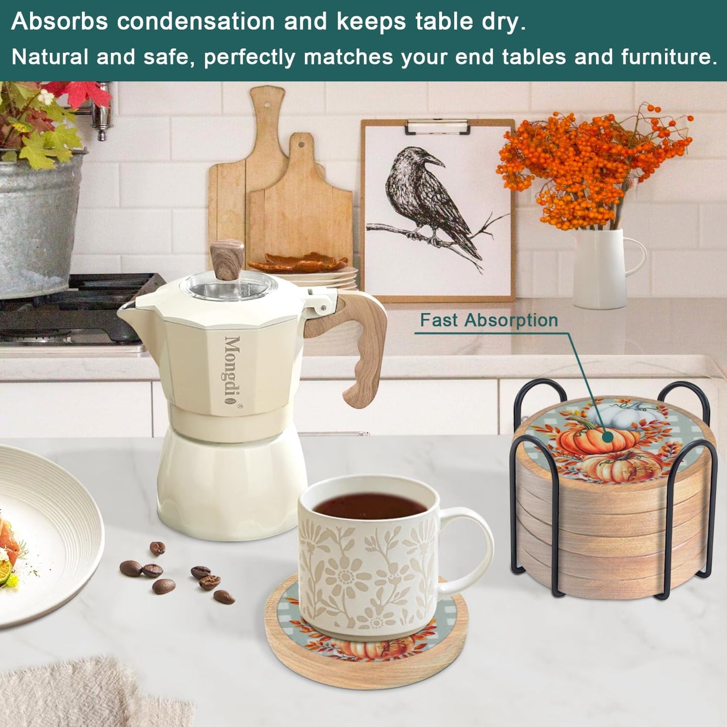 Fall Coasters Set of 6, Pumpkins Coaster, Minacun Absorbent Coasters with Holder Halloween Thanksgiving Themed Party Decoration 4.3 Inch