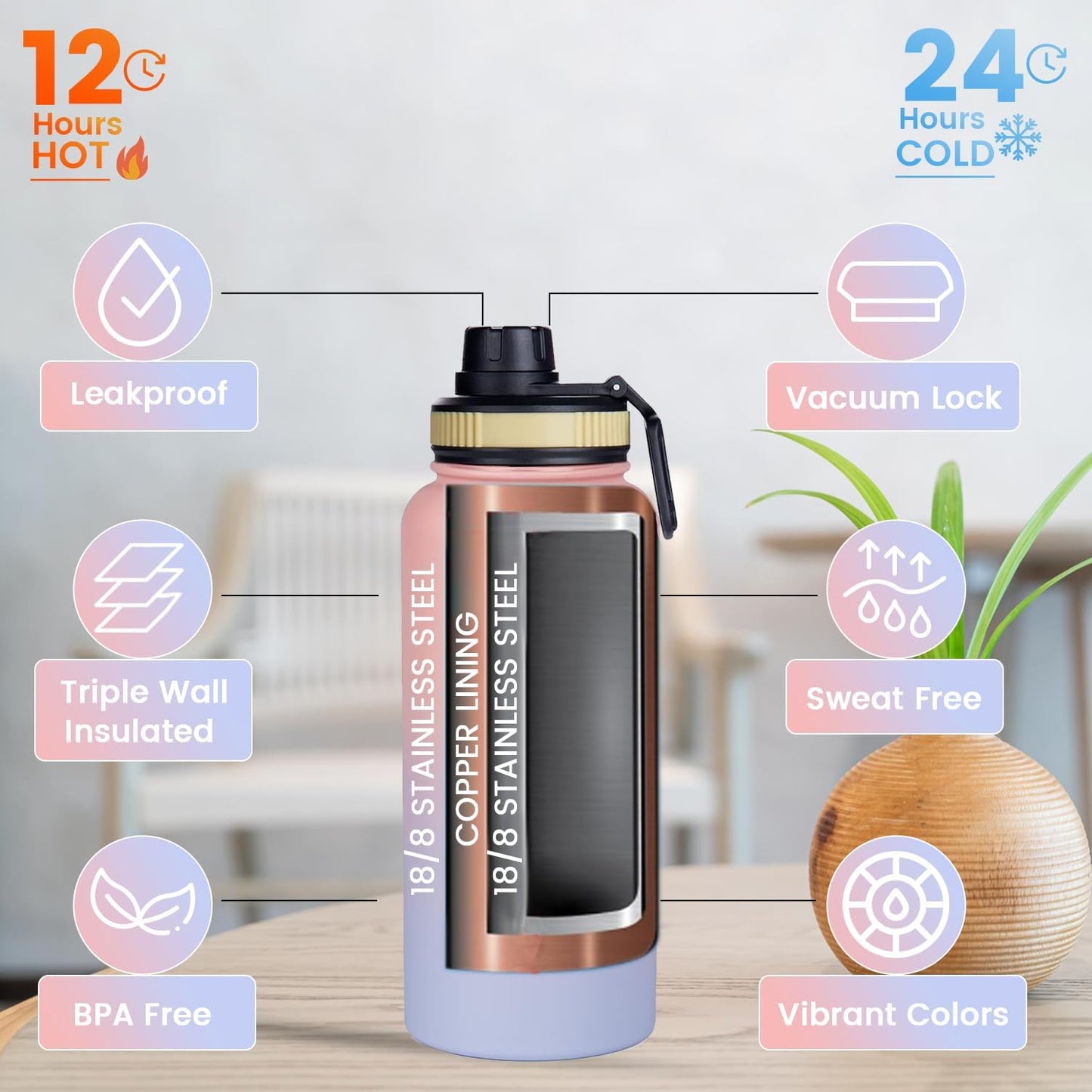 Lexlion Tea Infuser Bottle - Fruit Infuser Water Bottle 32 Oz, Triple Walled Insulated Stainless Steel, Thermal Leaf Infusion, Silicone Sleeve, 3 Lids Leakproof, Metal Mug Gallon