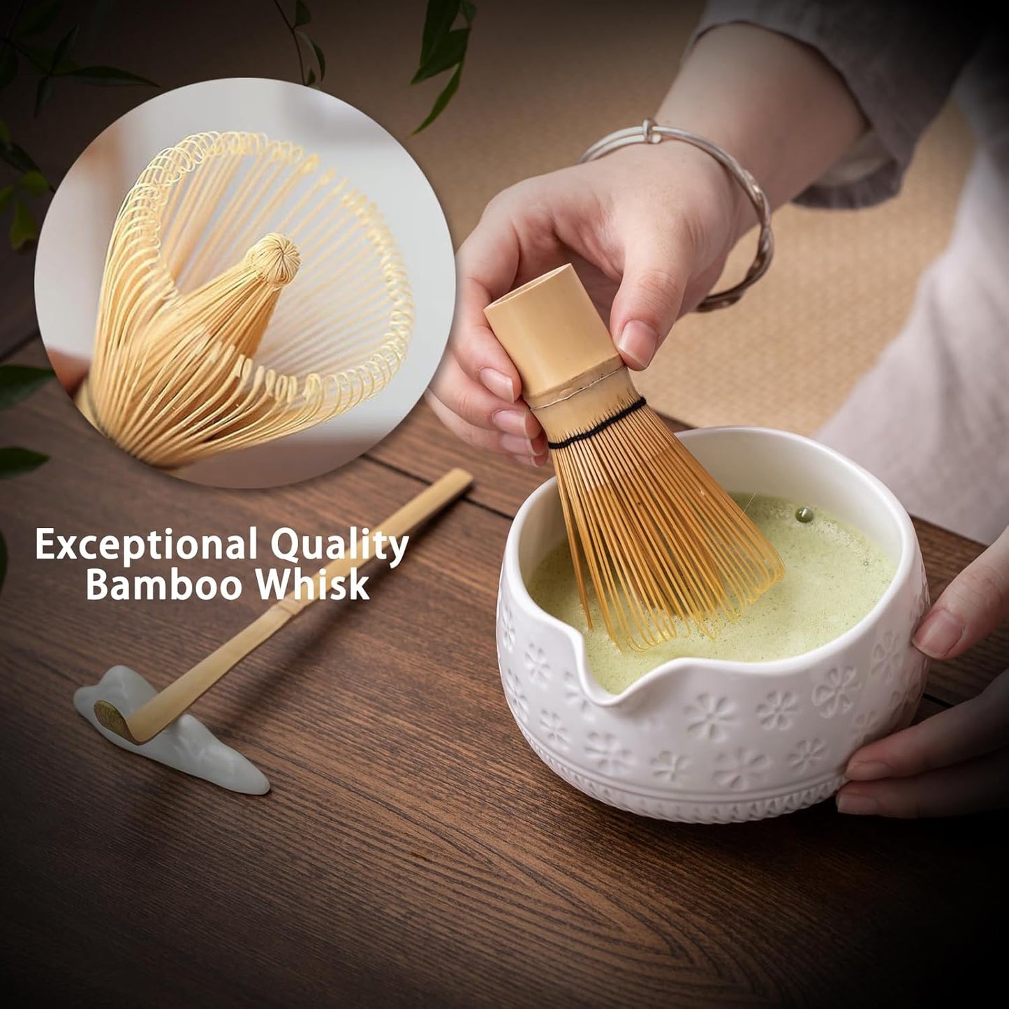 Matcha Whisk Set, Ceramic & Bamboo, 7 Pcs, White, Includes Bowl, Whisk, Holder, Scoop, Rest, Sifter, Tea Towel