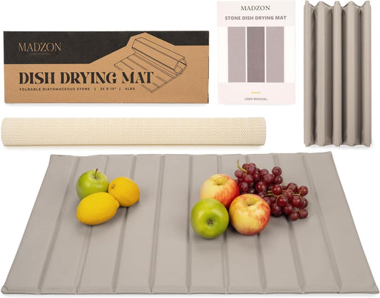 25" x 15" Large Stone Dish Drying Mat for Kitchen Counter - Quick Dry Super Absorbent Diatomaceous Earth Pad for Dishes - Our Natural Foldable Water Absorbing Mats Are Odorless and Food-Safe - Gray