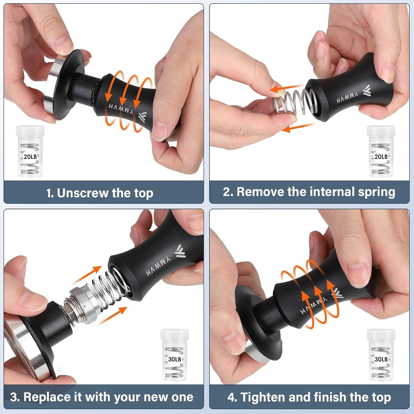 51mm Espresso Tamper, Premium Barista Coffee Tamper with 20lb/30lbs Replacement Springs & 100% Stainless Steel Ripple Base, Constant 30lb, Compatible with Delonghi Espresso Coffee Machine