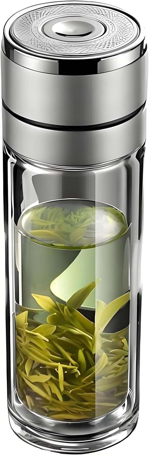 Glass Water Bottle Fits in Car Cup Holder, 14 oz Double Wall Borosilicate Glass Tea Infuser Bottle, One Handed One Key Lid Opening, for Car, Home, Office
