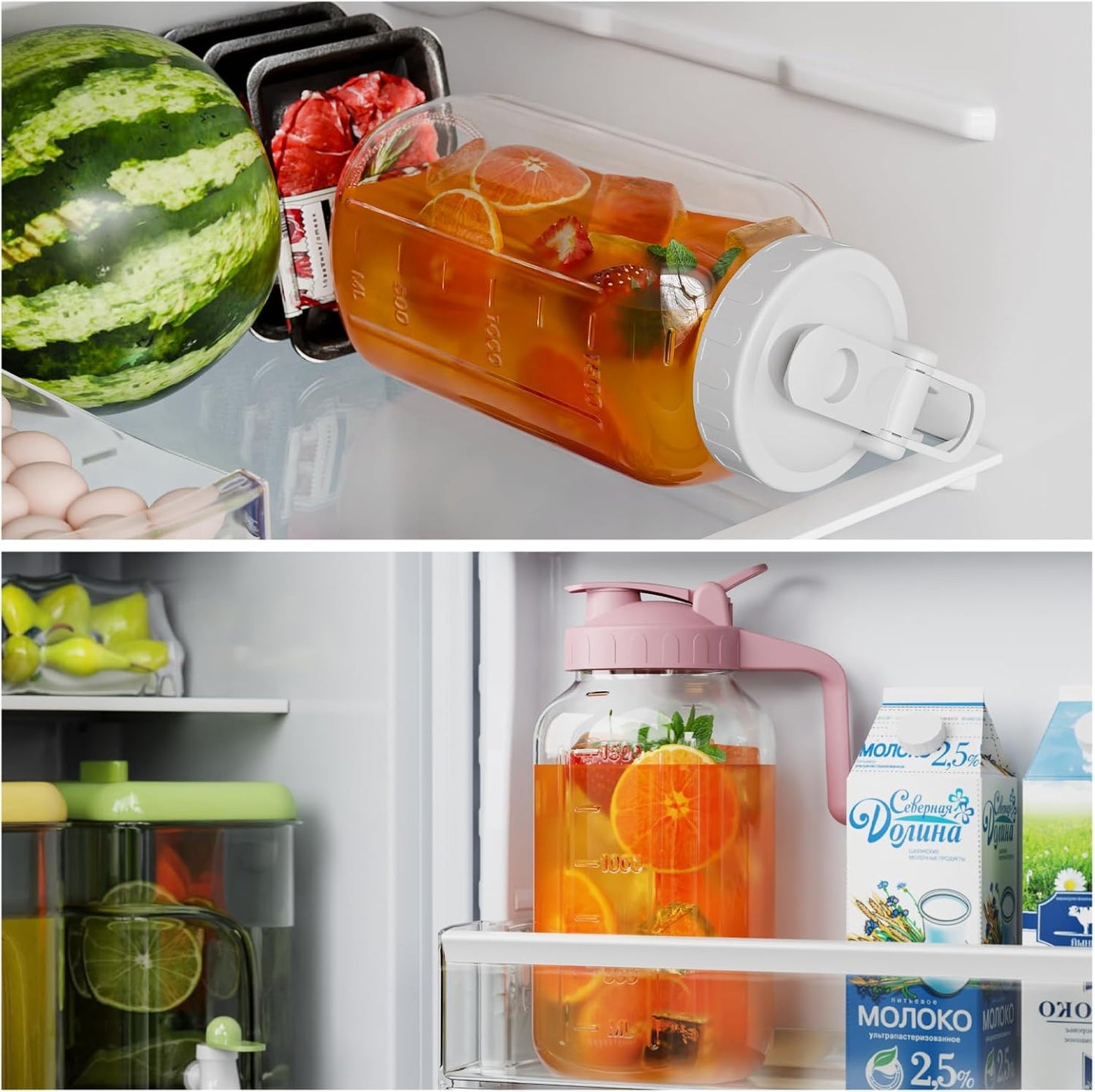 Glass Mason Jar Pitcher, 64 oz Wide Mouth Jug with Pour Spout Handle Lid for Cold Brew Coffee, Ice Beverage, Iced Juice, Lemonade, Sun Tea, Fruit Drinks Container（Pink）