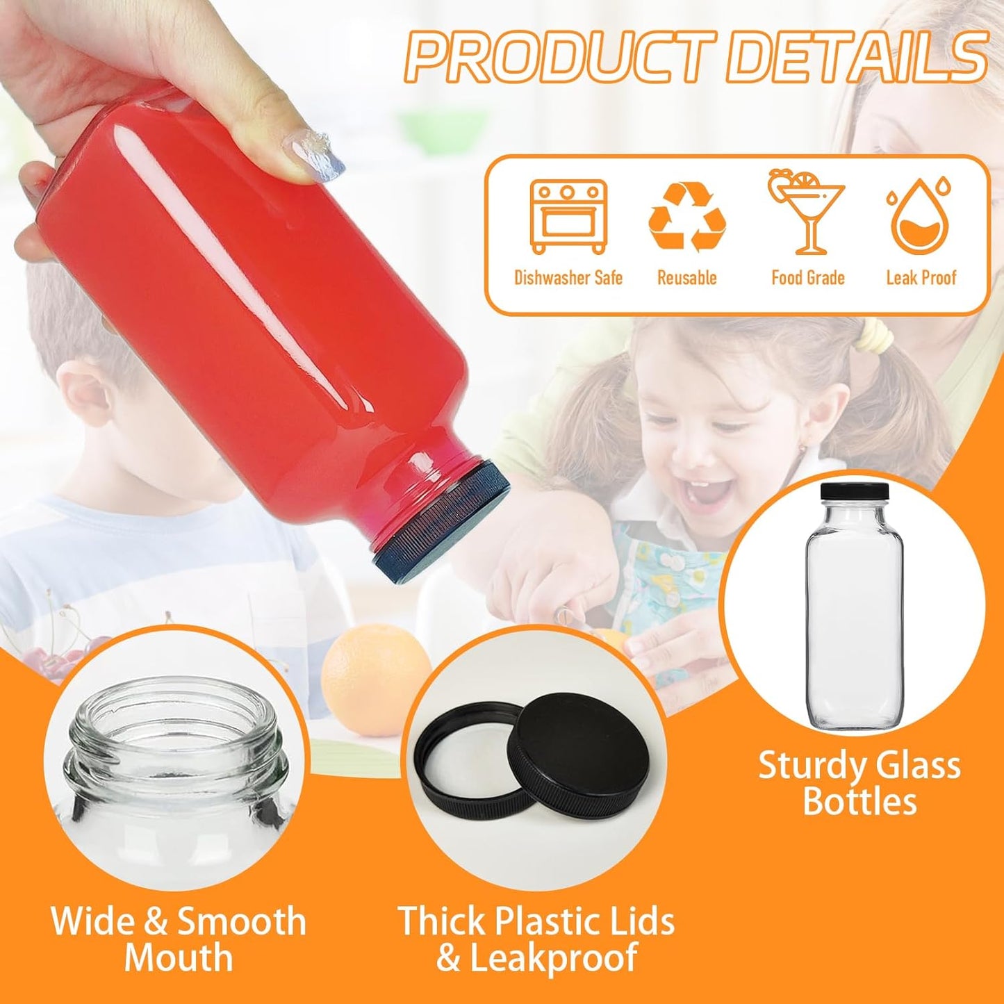 6 Pack 12oz Glass Drink Bottles with Lids, 360ml Vintage Glass Water Bottles with Caps, Reusable Juice Containers Drinking Jars for Juicing, Milk, Ginger, Kombucha, Beverage