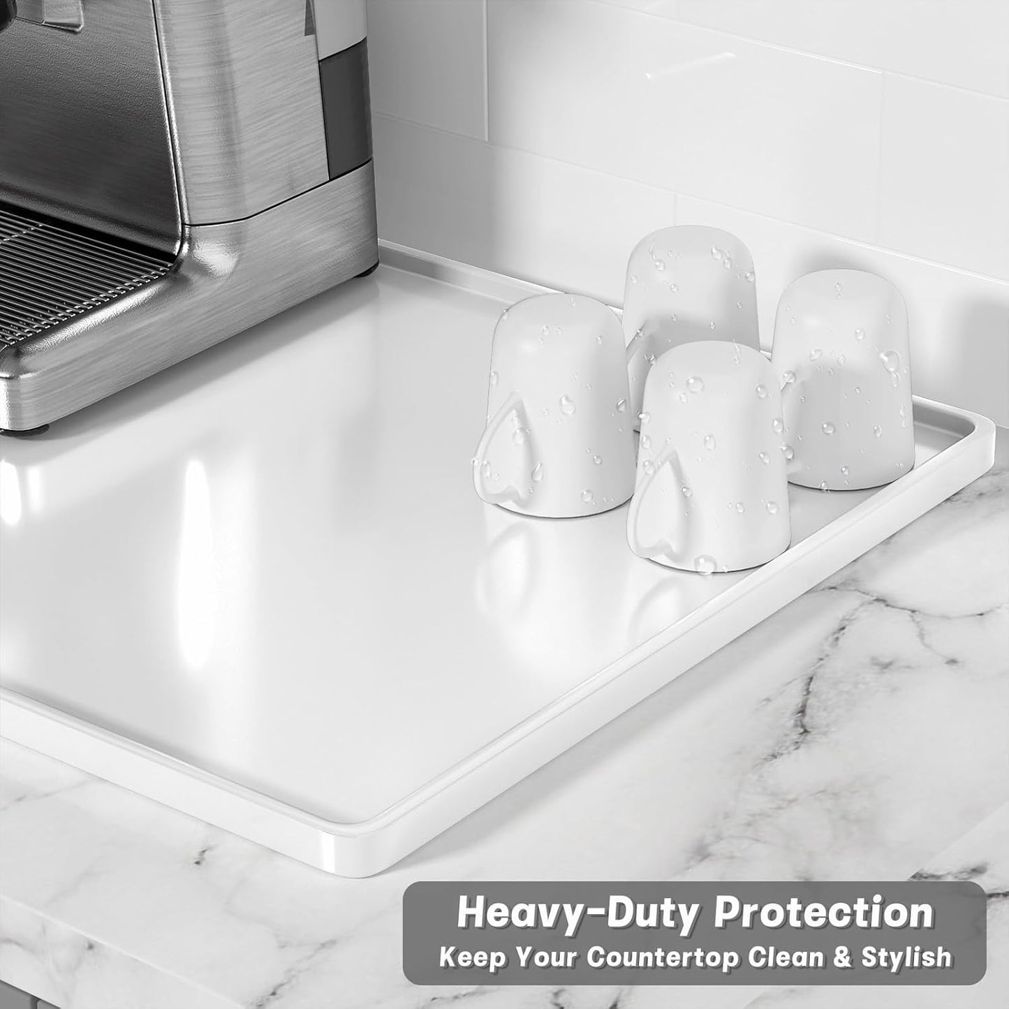 Rnivvi Silicone Coffee Mat, 16" x 24" Waterproof Raised Edge Coffee Bar Mats for Espresso Machine Station Accessories, Heat Resistant Dish Drying Pad for Kitchen Counter, Rubber Bar Decor Pad, White