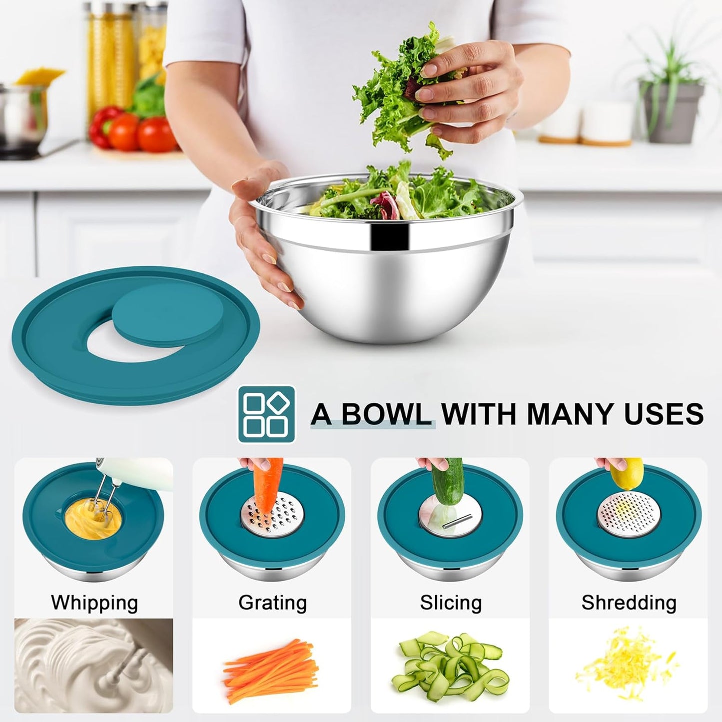 E-far Mixing Bowls with Lids Set, 7-Piece Stainless Steel Mixing Bowls with 3 Grater Attachments, Size 4.6, 3.5, 2.6, 2, 1.5, 1, 0.7QT, Metal Nesting Bowls & Blue Airtight Lids, For Baking/Cooking