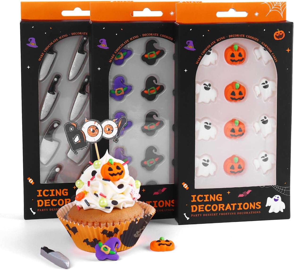 Edible Halloween Cake Decorations, Pumpkin Cupcake Toppers, Ghost Cake Decorations, Edible Knives Cupcake Toppers, Witch Hats for Cake Decorating, Cookies, Cupcakes, Macaron, and Ice Cream