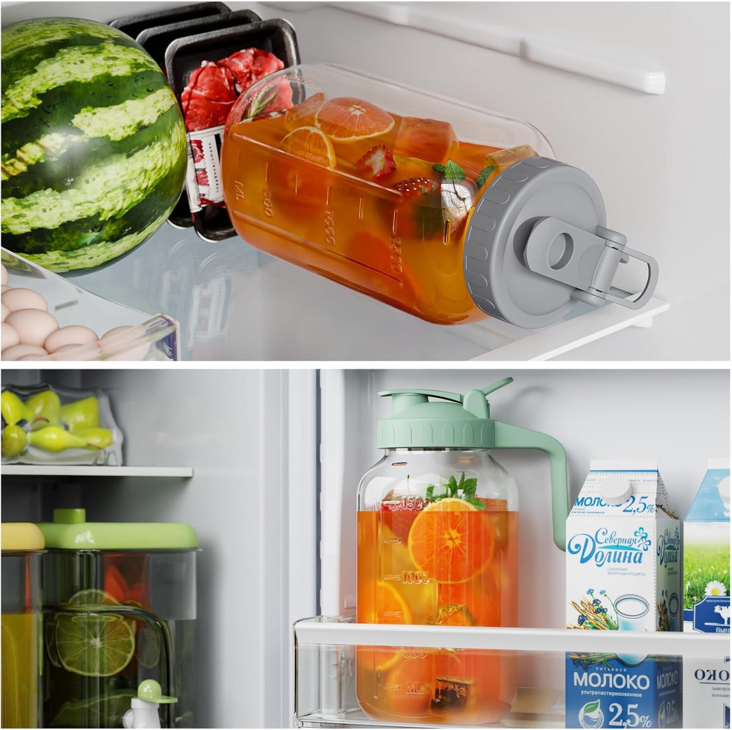 Glass Mason Jar Pitcher, 64 oz Wide Mouth Jug with Pour Spout Handle Lid for Cold Brew Coffee, Ice Beverage, Iced Juice, Lemonade, Sun Tea, Fruit Drinks Container（Green）