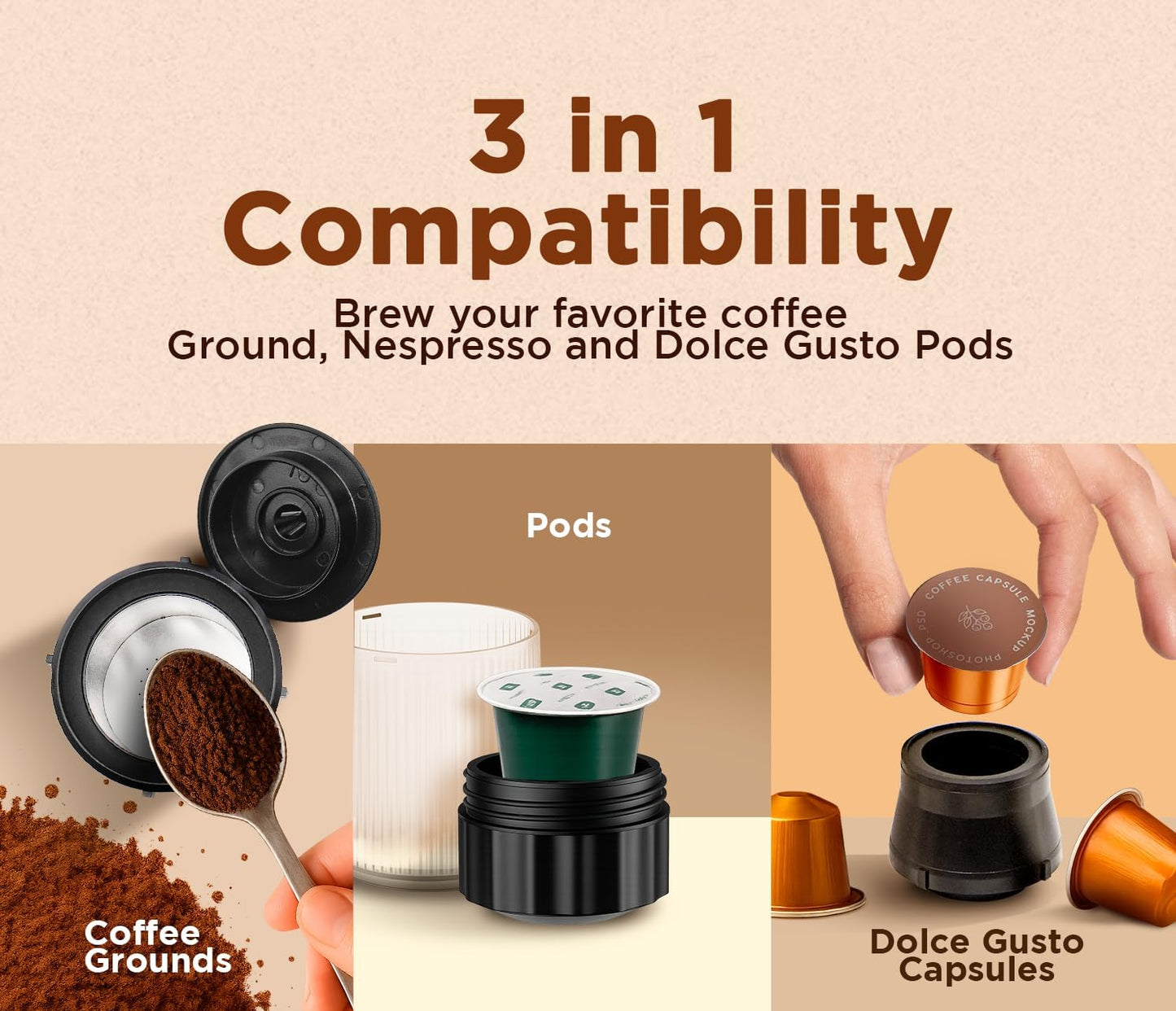 3-in-1 Portable Coffee Maker – Electric Espresso Machine for Travel – Compatible with Ground Coffee, NS & DG Capsules – USB-C Rechargeable Portable Espresso Maker (Gray)
