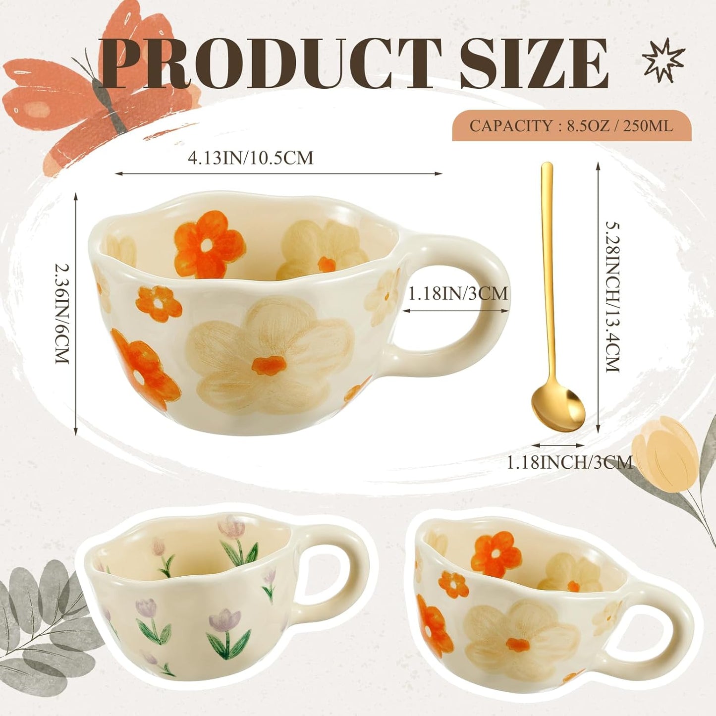 Vesici 2 Pcs Ceramic Coffee Mugs Flower Cups with Spoon Vintage Floral Mugs with Handle 8.5 oz Aesthetic Tea Porcelain Cup Gift for Valentine Office Home, Dishwasher and Microwave Safe(Charming)