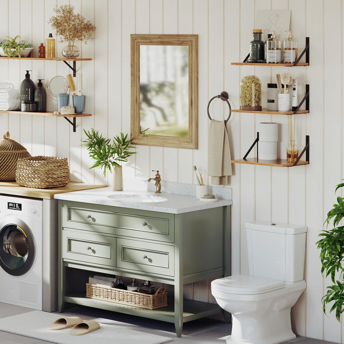 DINZI LVJ Deep Floating Shelves, 16"W x 12"D Wall Shelves Set of 2, Wide Display Shelf Wall Mounted with Brackets, Easy-to-Install Floating Bookshelf for Living Room, Bathroom, Bedroom, Rustic Brown