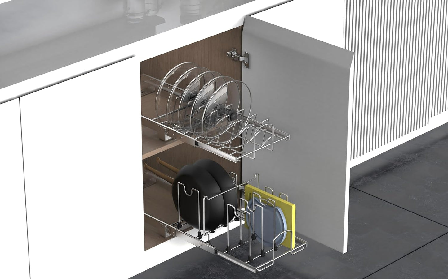 Slide Out Pan and Pot Lid Organizer For Under Cabinet, Wire Dividers Kitchen Pull Out Pot Lid Rack Organization And Storage, Full-Extension Rail, 12" W X 20" D
