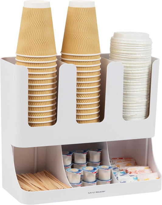 Mind Reader 6 Compartment Upright Breakroom Coffee Condiment and Cup Storage Organizer, White