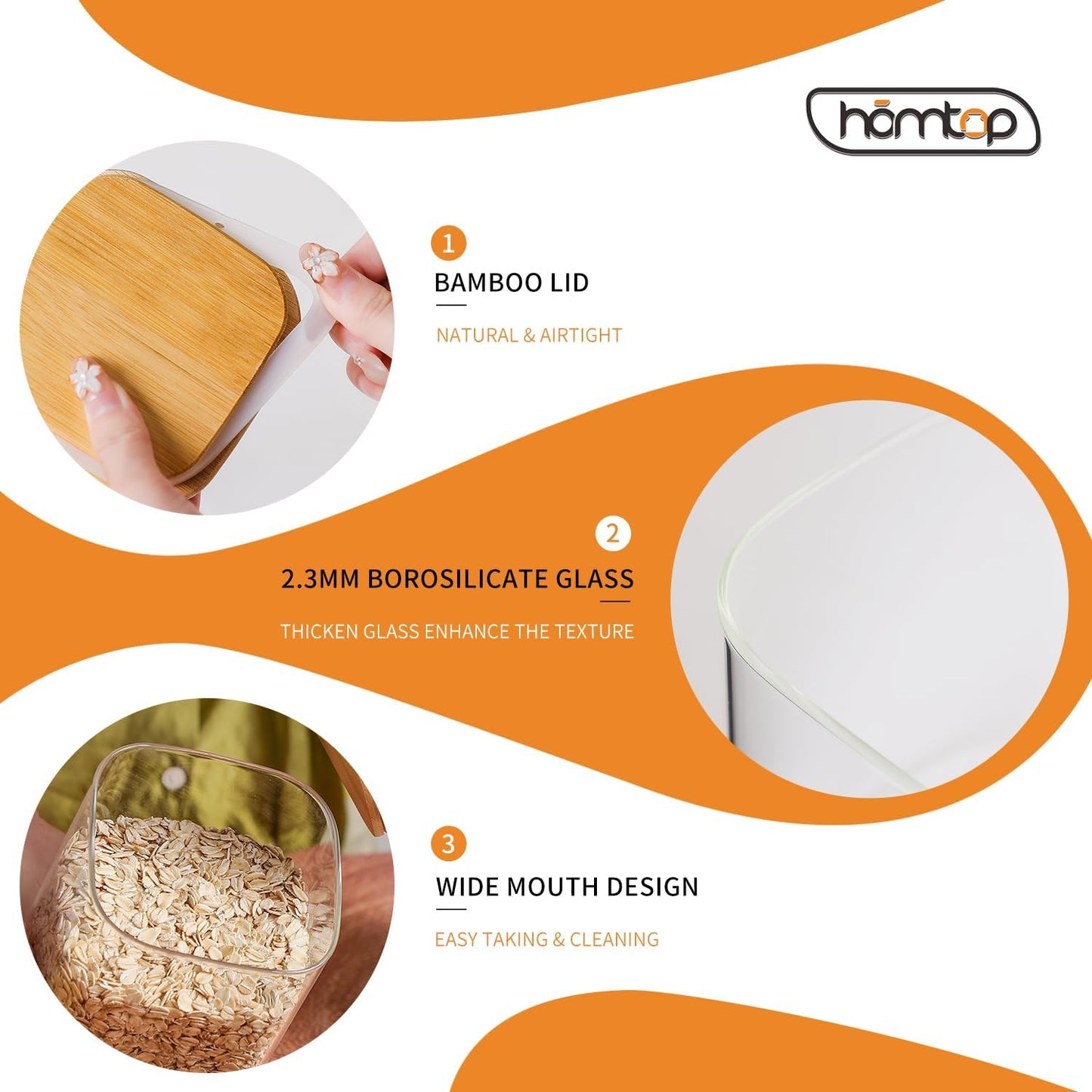 Glass Food Storage Containers with Lids, 50 Oz High Borosilicate Glass Jars for Coffee Bean, Candy, Cookie, Flour, Square