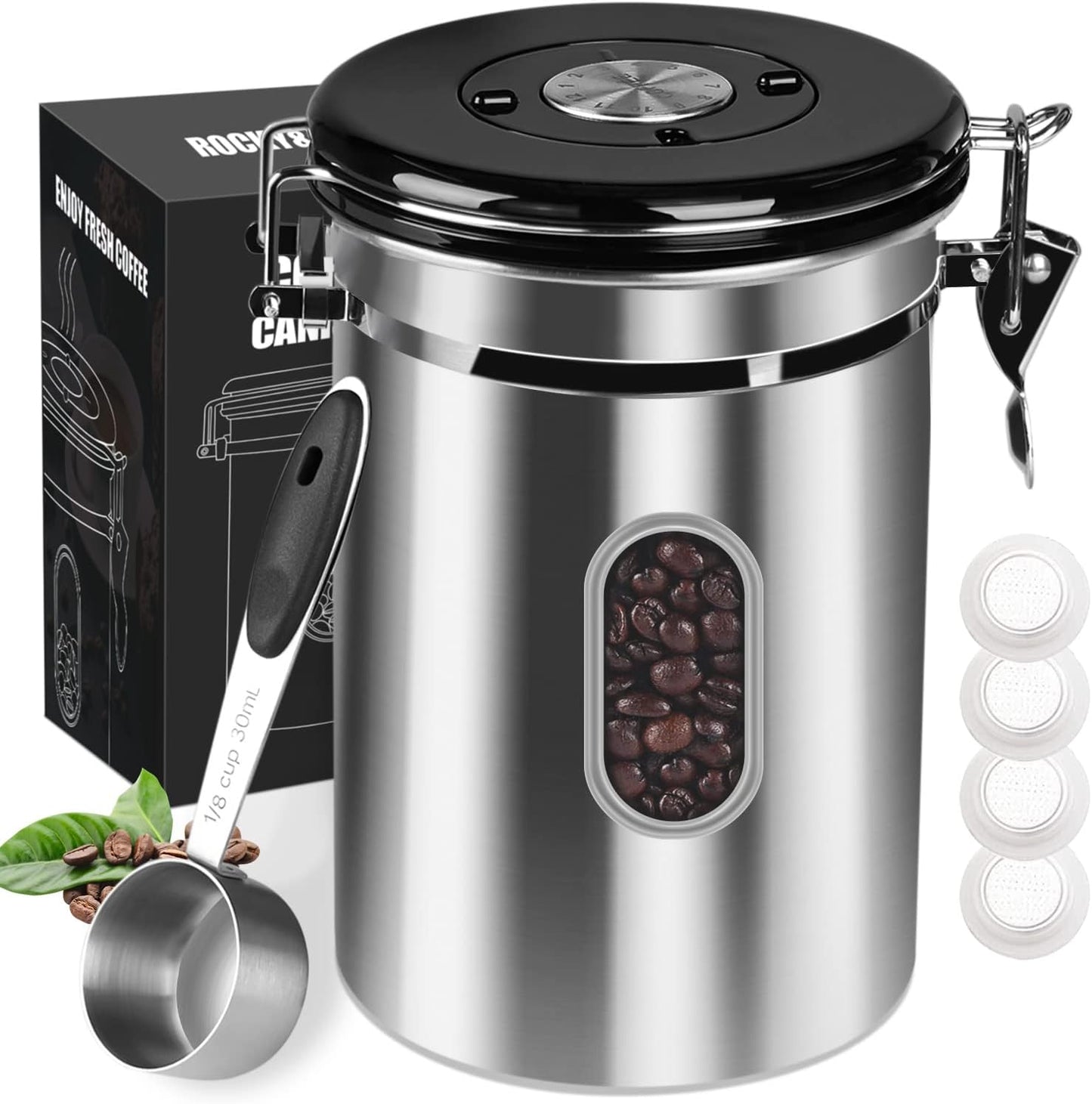 1800ML Airtight Coffee Canister with Date Tracker&Transparent Window, 22.8OZ Coffe Beans Storage with 30ML Measure Spoon&4 co2 Valve, Coffee Container for Grounds Coffee, Beans, Tea, Sugar(Silver)