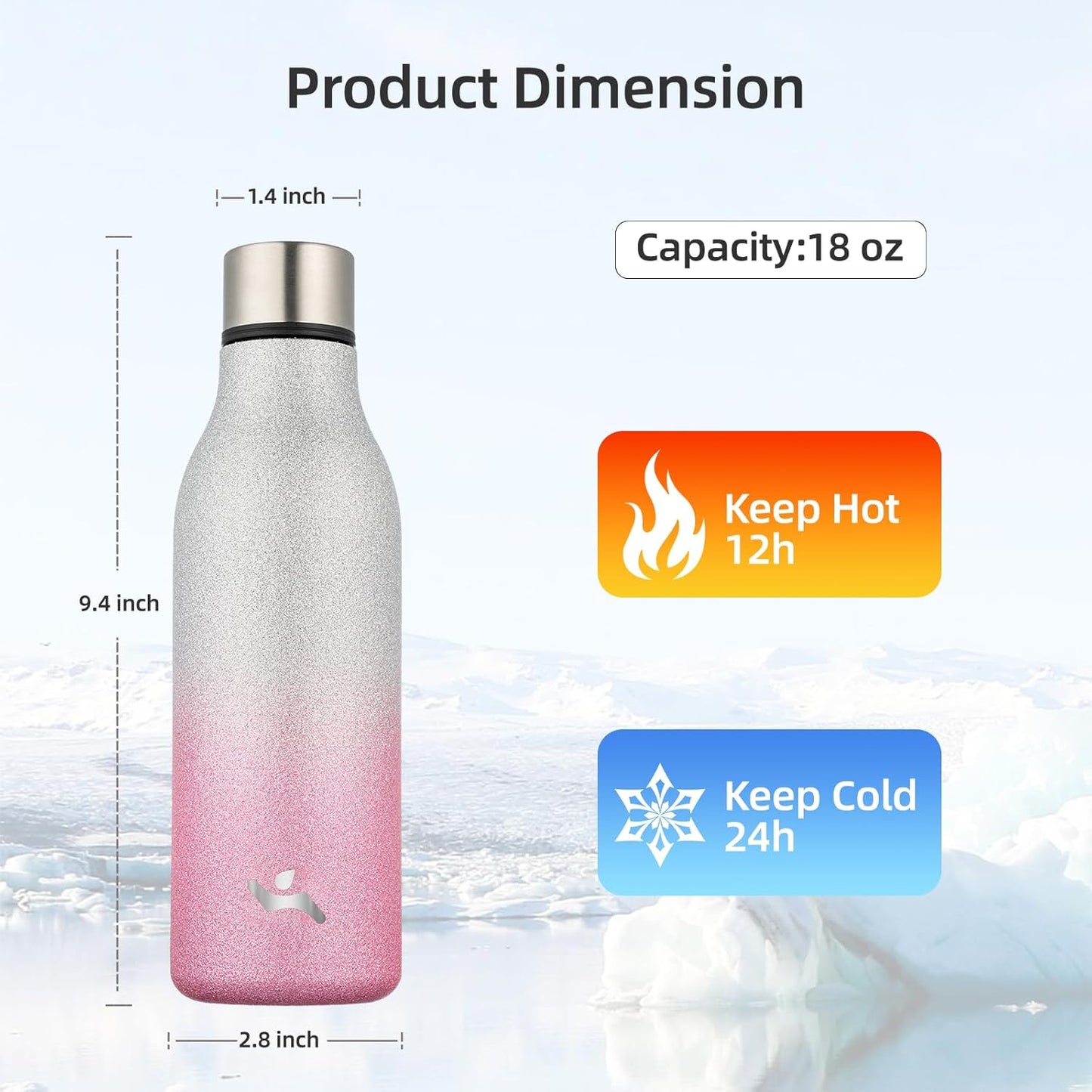 Insulated Water Bottle with Strap,18 oz Double Wall Stainless Steel Vacuum Bottles Metal Water Flask,Sparkling Silver Pink