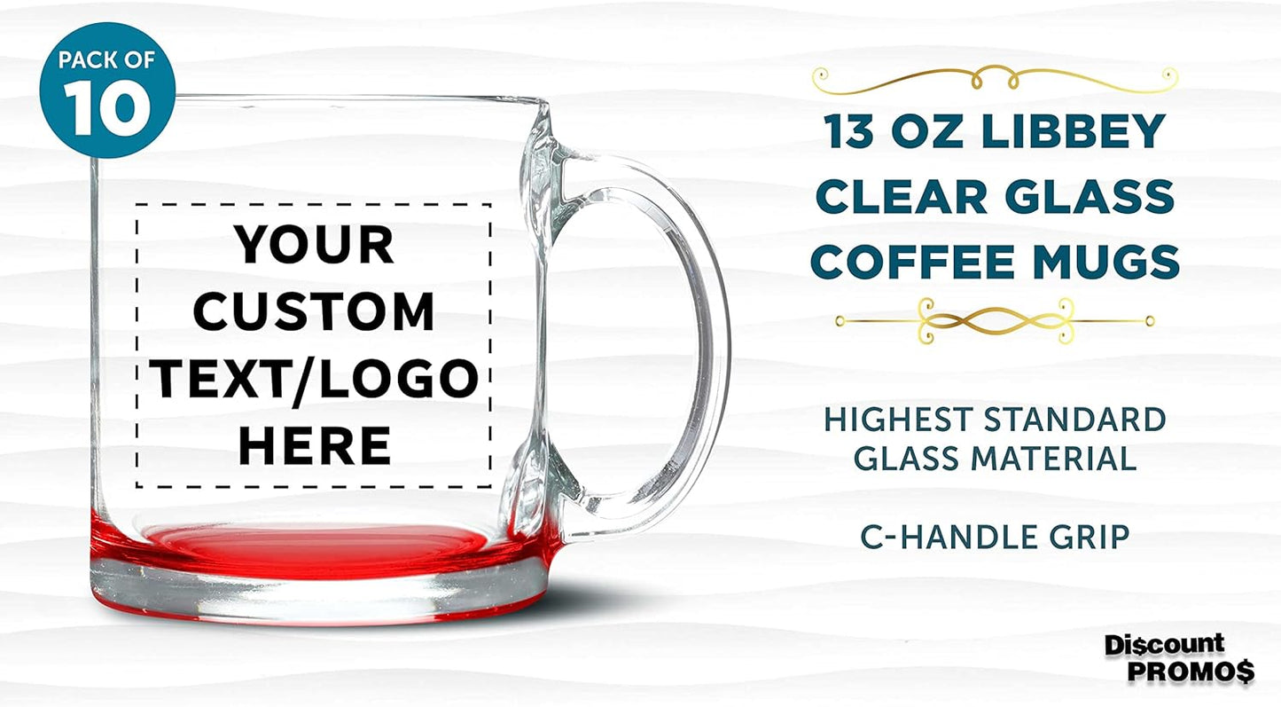 Custom Libbey Clear Glass Coffee Mugs 13 oz. Set of 10, Personalized Bulk Pack - Perfect for Coffee, Tea, Espresso, Hot Cocoa, Other Beverages - Red Bottom