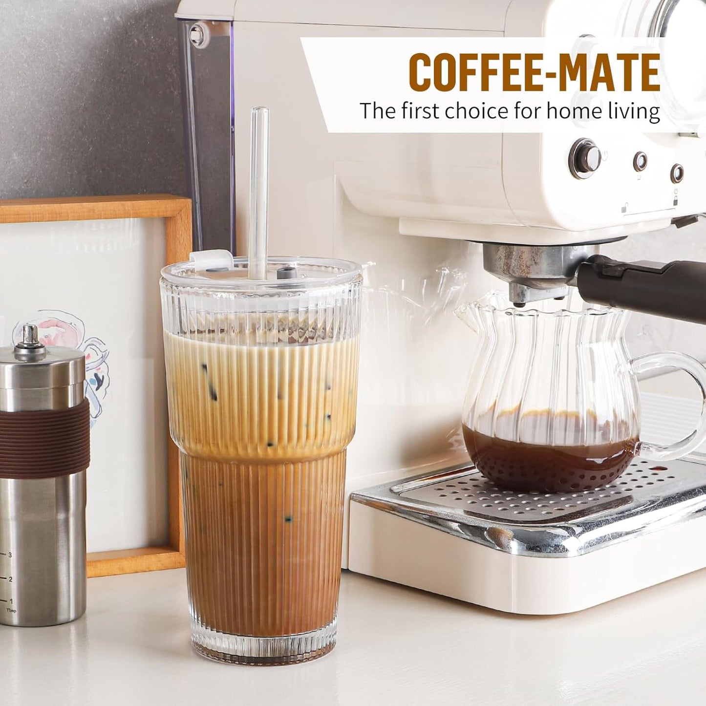 20 Oz Glass Cups with Lid and Straw 2 Set, Glass Tumbler with Straw and Lid, Vintage Glassware for Whiskey Cocktail Beer, Iced Coffee Cups with Lid (2 PACK)