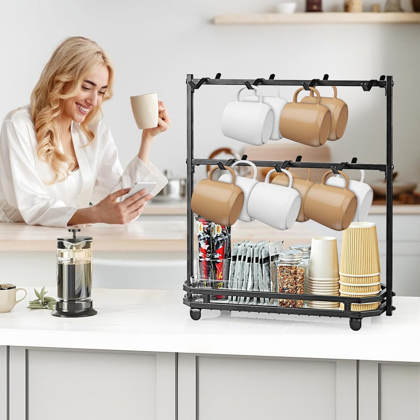 Coffee Mug Holder for Countertop, Coffee Cup Holder Rack with 14 Hooks, Metal Mug Tree Stand with Storage Base for K Cup Coffee Pod Paper Cups Tea Bag - Black