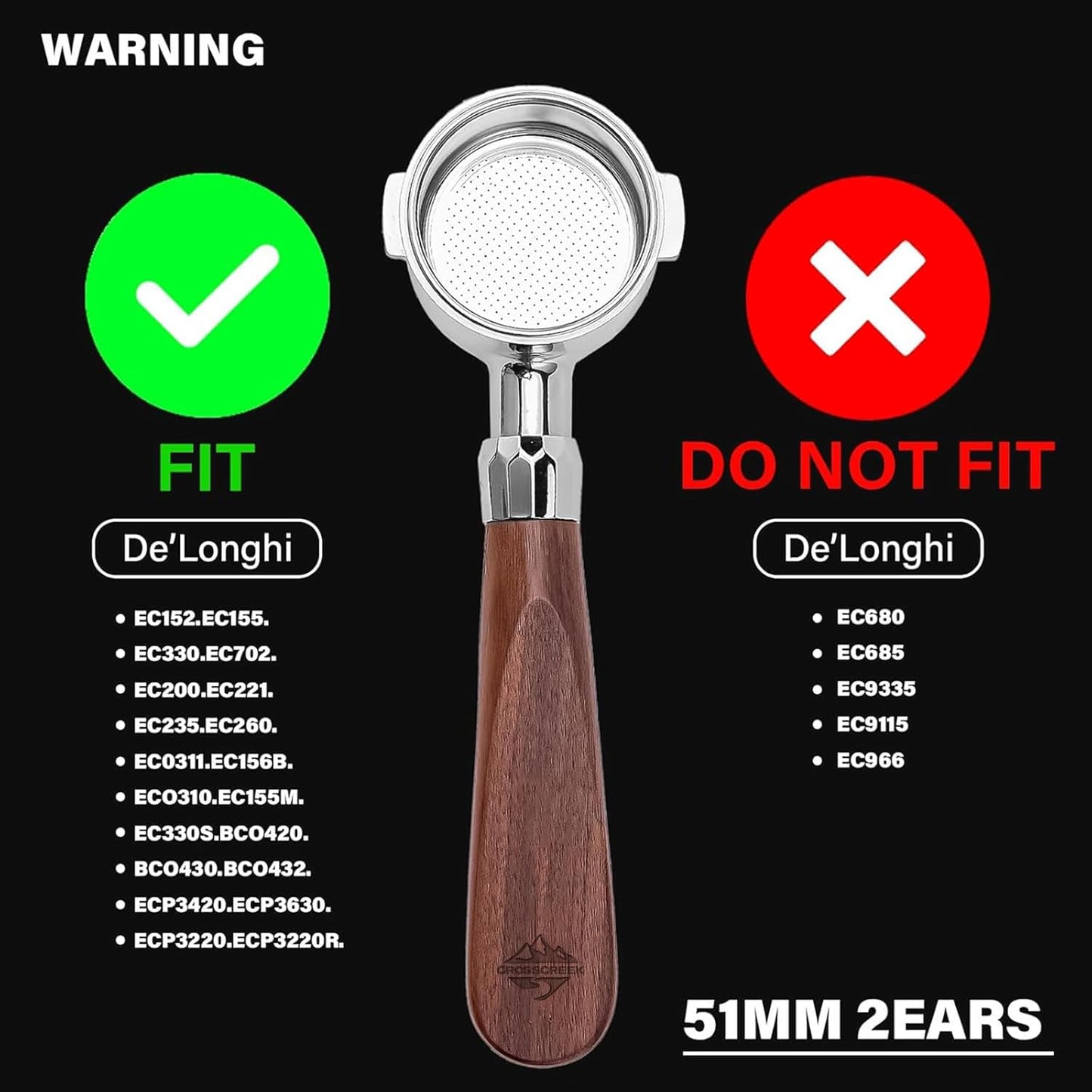 CrossCreek 51mm Espresso Bottomless Portafilter with 2 Ear | Fits De’Longhi ECP3420 / EC155 / BCO430 / EC260 Espresso Machine | Stainless Steel Basket and Walnut Handle | Espresso Accessories