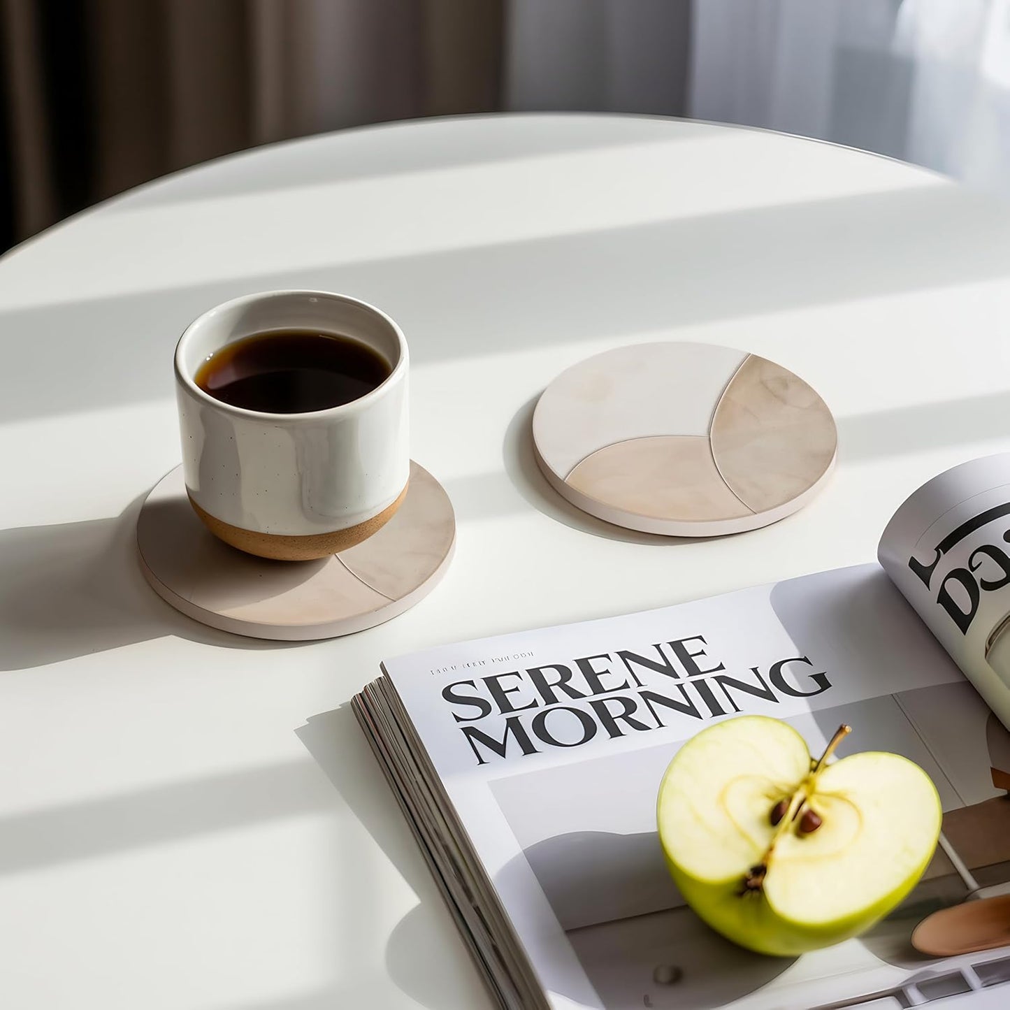 VEYRO Coasters Set of 6 for Drinks – Absorbent Ceramic Stone Drink Coasters with Cork Backing for Coffee Table & Desk, Modern Marble Look Cup Coaster Set, Housewarming Gift for New Home