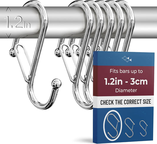 6-Pack Metal S Hooks for Hanging – Heavy-Duty S-Shaped Hook with Safety Buckle – Fits Bars up to 1.2 in – Anti-Drop S-Hooks for Closet, Wardrobes & Storage – Silver (Large)