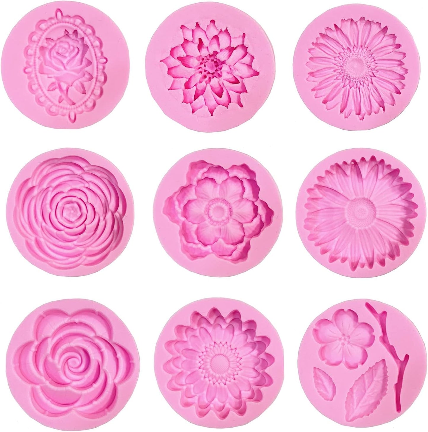 9 Pcs Flowers Fondant Molds Silicone Molds for Cupcake Dessert Chocolate Jelly Cookie Decor, Jewelry, Pastry, Chocolate,Handmade Soap Mould Candy Making