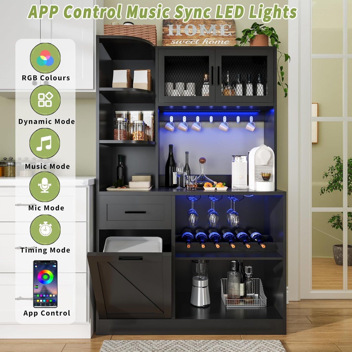 67.3" Tall Modern Black Kitchen Pantry Storage Cabinet with Drawer and Shelves, Tilt Out Trash Can, Coffee Bar Wine Cabinet with LED Lights and Power Outlet, Wine Glass Rack, 2 Mesh Doors