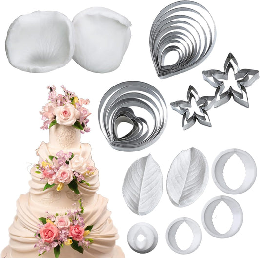 KALAIEN 31Pcs Austin Rose Cutter Set Rose Petals Silicone Fondant Mould Veining Petal Sugar Flower Making Tool
