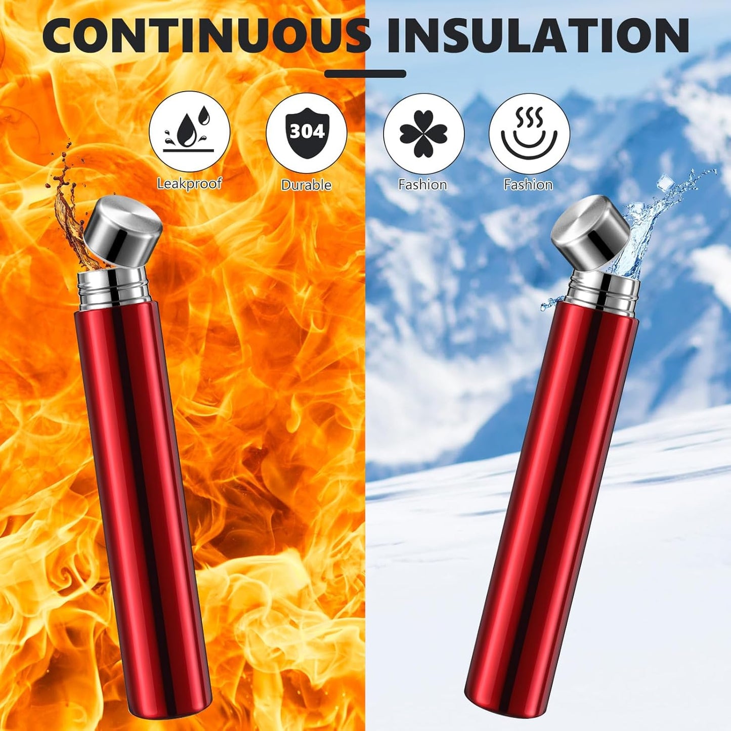 Vesici Slim Water Bottle 8.8 oz Small Stainless Steel Purse Compact Insulated Water Bottles Camping Travel Backpack Pocket Flask for Car Cold Coffee Tea(Black, Red,2 Pack)