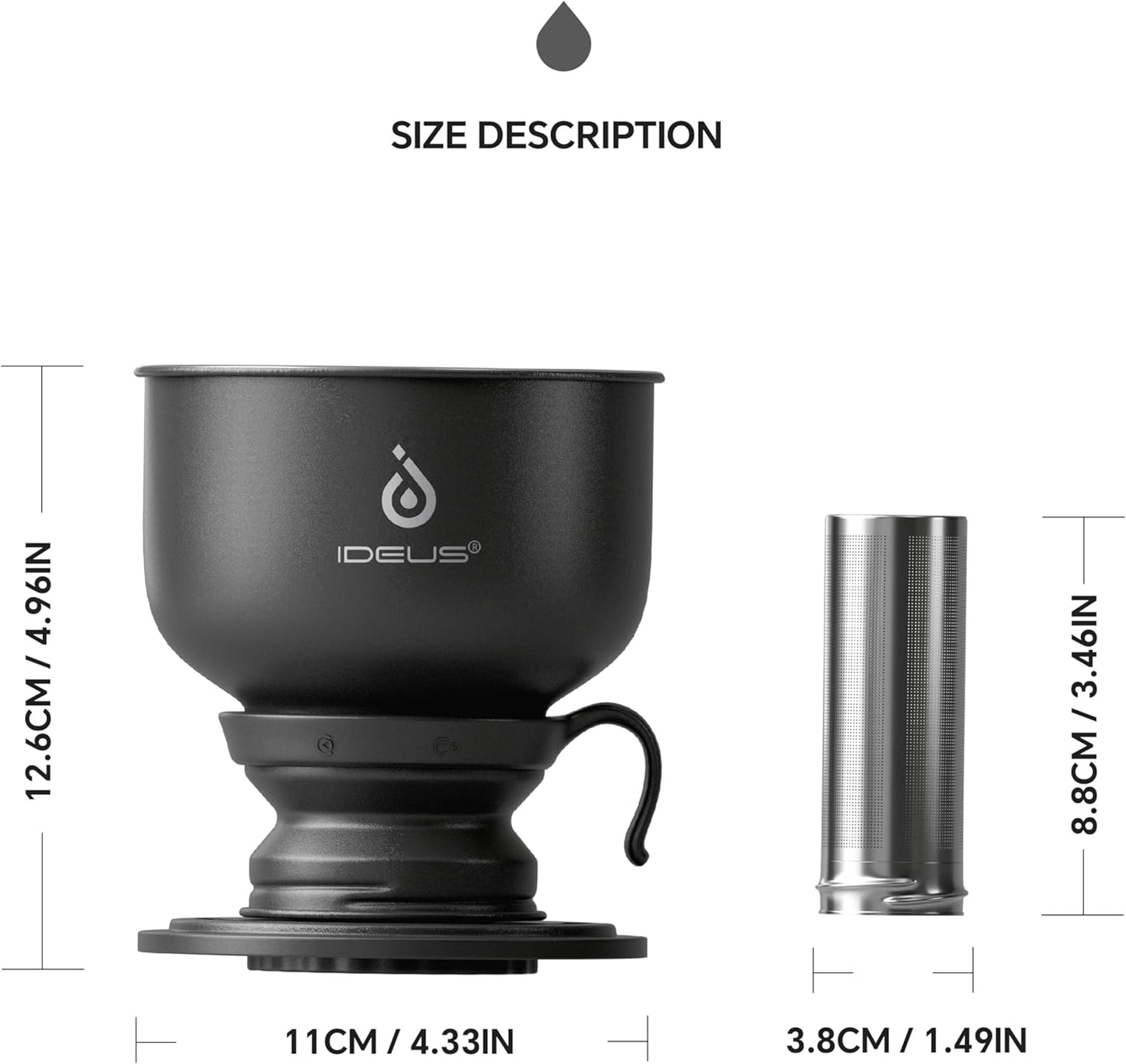 IDEUS Brew Pour Over Dripper, Portable Stainless Steel Reusable Filter Manual Camp Coffee Maker BPA-Free for Home, Office & Camping (Camp Dripper-Black)