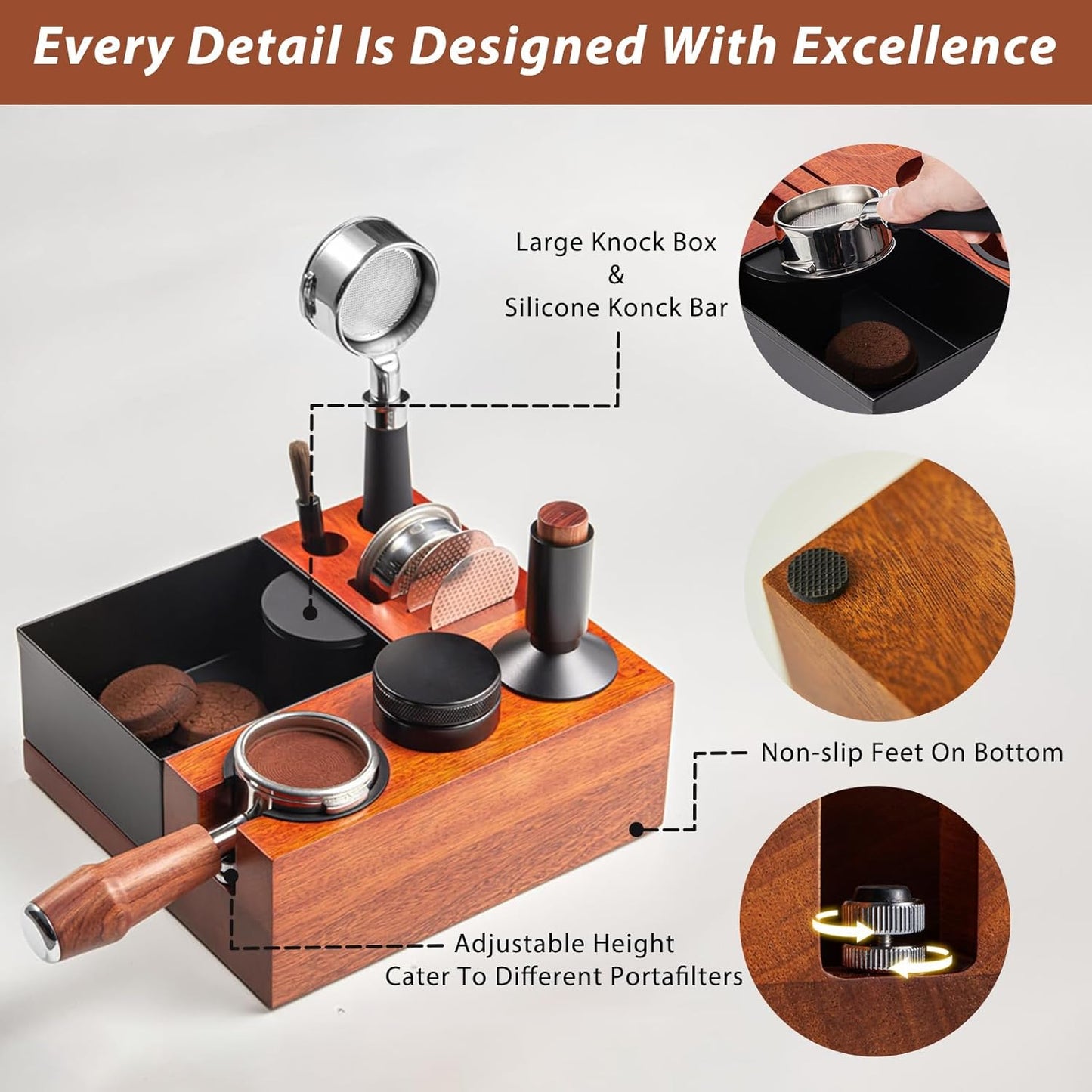 54mm Espresso Tamping Station Knock Box - 9 in 1 Coffee Knock Box And Tamp Station Espresso Organizer Box Fit for 51mm 53mm 54mm Espresso Portafilter Distributor Tamper Puck Screen Accessories Storage