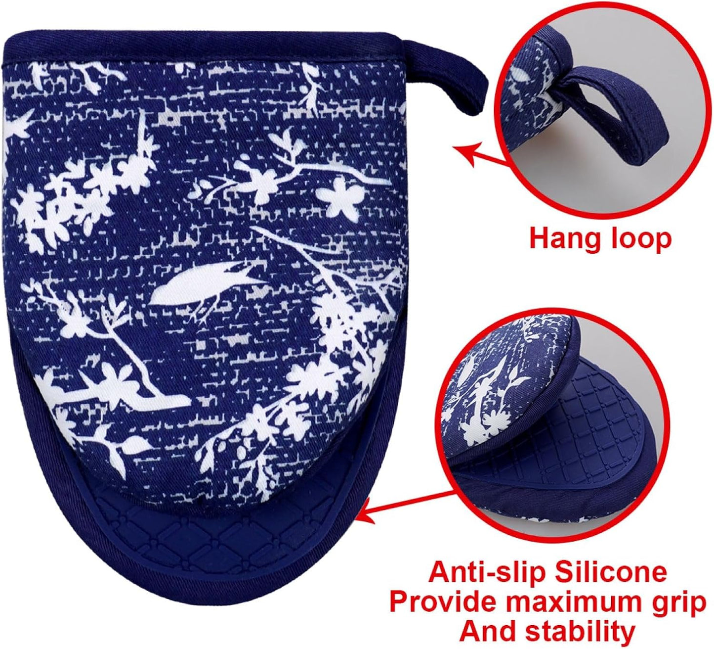 Mini Silicone Oven Mitts, Heat and Slip Resistant Kitchen Gloves 2-Pack Set, Birds Flower Soft Short Oven Mittens, Flexible Thick Pot Holders for Safe Cooking Baking and Grilling (Navy)