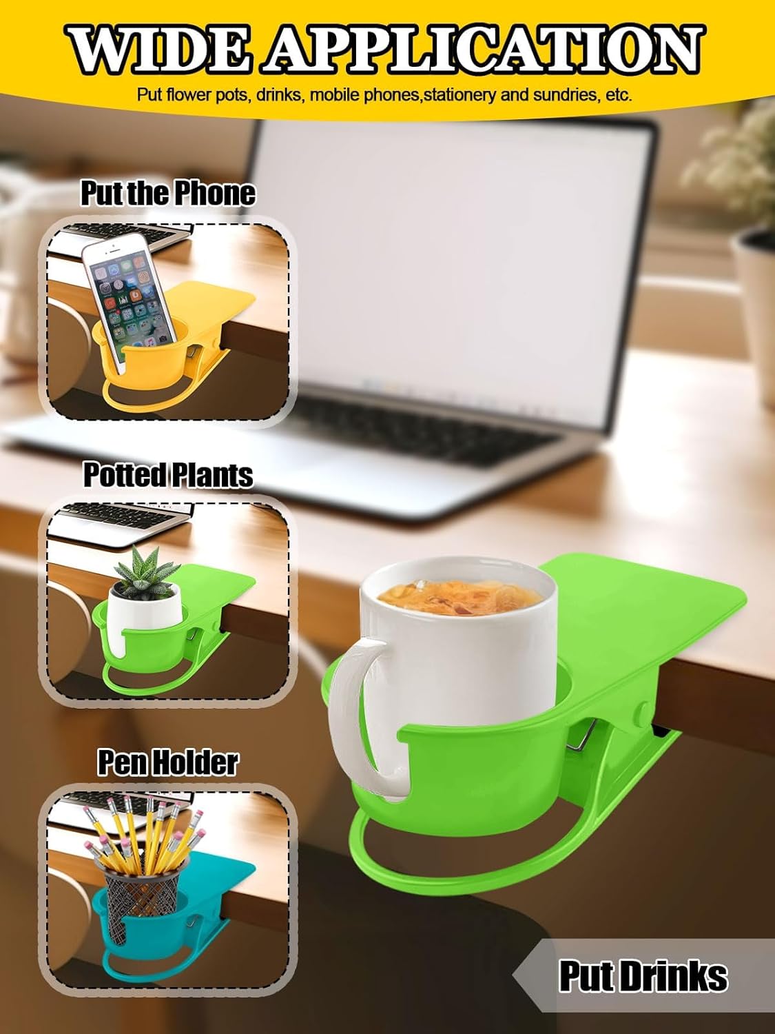 3PCS Drinking Cup Holder Clip Kalolary Chair Desk Bottle Cup Stand DIY Glass Clamp Storage Saucer Clip with Groove for Potted Plant Beverage Coffee Mug Holder Clip for Home Office (Yellow Green Blue)