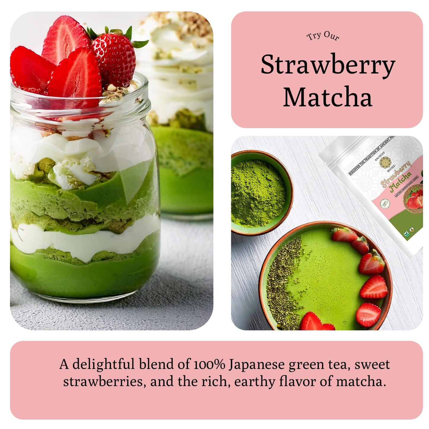 Ancient Roots Strawberry Matcha Powder 3.5 oz Japanese Green Tea with Real Strawberry Freeze Dried Fruit Powder No Added Sugar, Filled with Antioxidant Rich Superfood for Lattes, Smoothies & Baking - 25 Servings