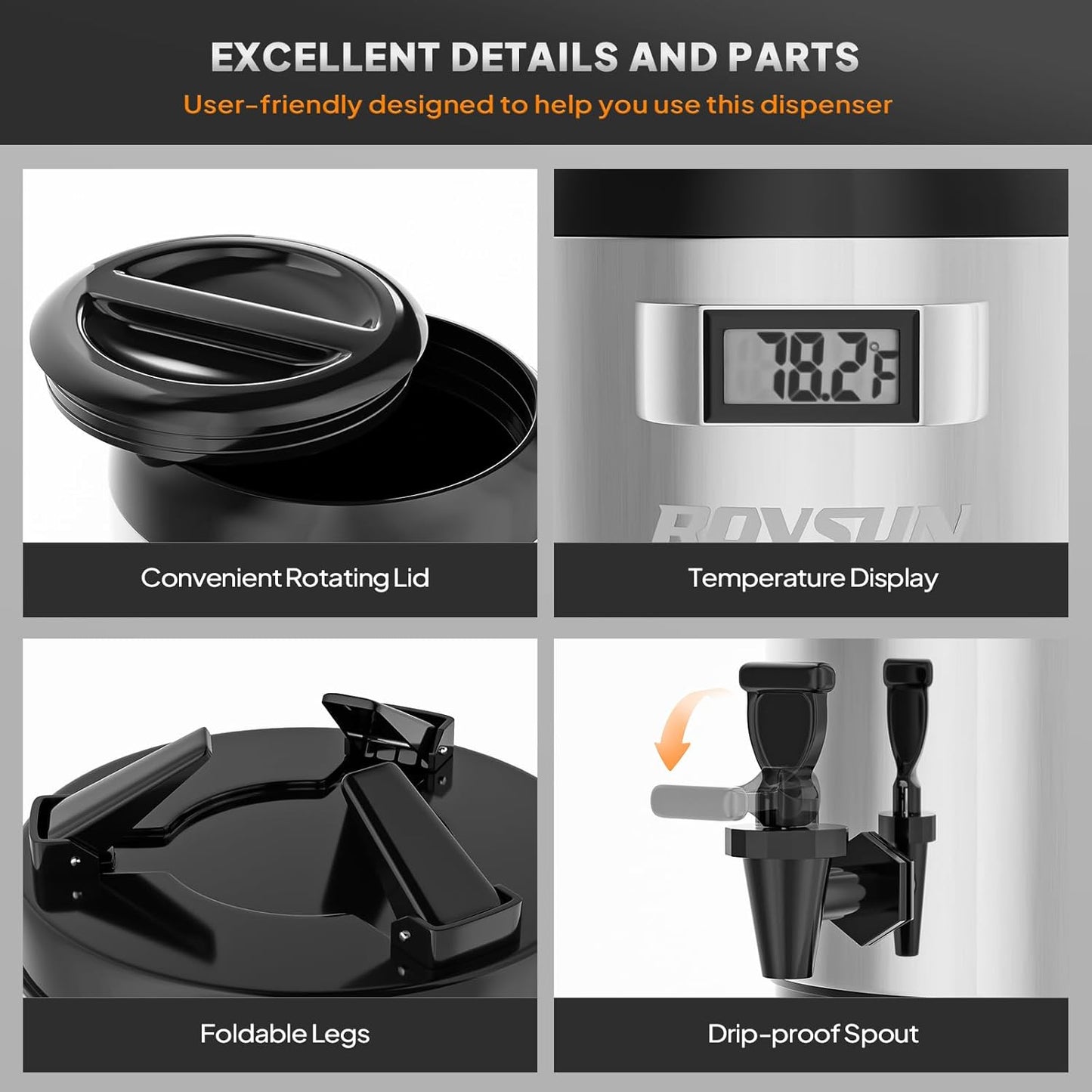 ROVSUN 3.2 Gallon Insulated Beverage Dispenser, Stainless Steel Hot and Cold Drink Dispenser, Ice and Hot Drink Server w/Spigot, Hot and Cold Beverage Server for Coffee, Tea, Milk & Juice