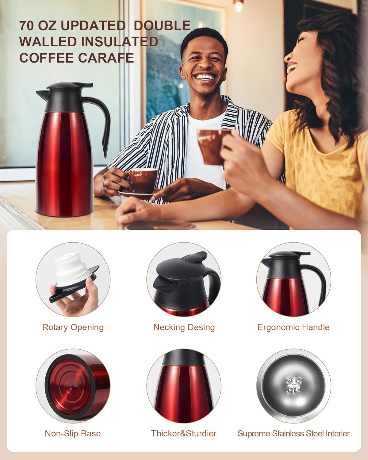70 Oz Thermal Coffee Carafe for keeping hot, 2 PCS Airpot dispenser, Insulated Stainless Steel Vacuum Thermal Pot for Coffee, Hot Water,Keep Hot 12 Hours (black+red)