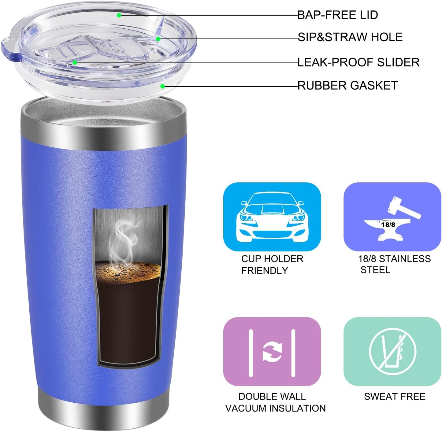 VEGOND 20oz Tumbler with Lid and Straw Stainless Steel Tumbler Cup Bulk Vacuum Insulated Double Wall Travel Coffee Mug Powder Coated Coffee Cup (Bluish Violet 6 Pack)