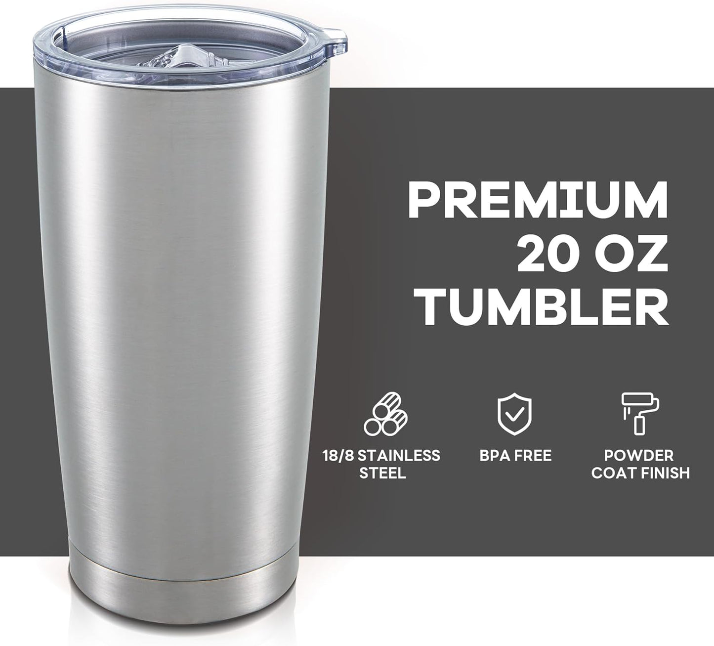 20 oz Tumbler with Lid Stainless Steel Insulated Tumblers Bulk Double Wall Vacuum Cups Powder Coated Travel Mug Keep Drinks Cold and Hot, Stainless Steel, 12 Pack
